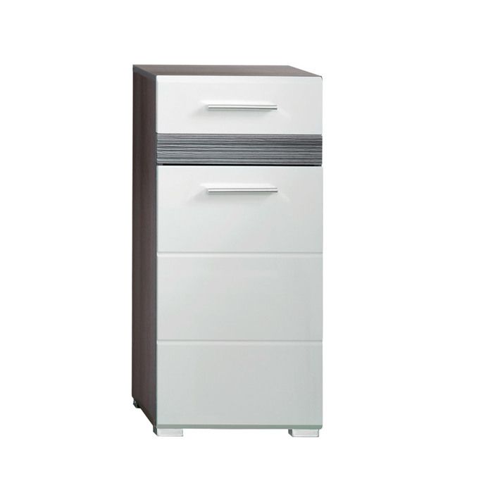 SetOne Commode de salle de bain 1 porte 1 tiroir argent fumé blanc brillant.