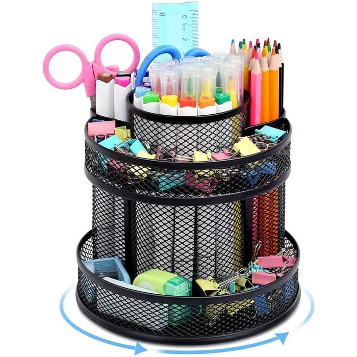Organisateur Bureau Rotatif EXERZ 360° - Porte-crayons Métal Maillé - Base Antidérapante - 5 Compartiments