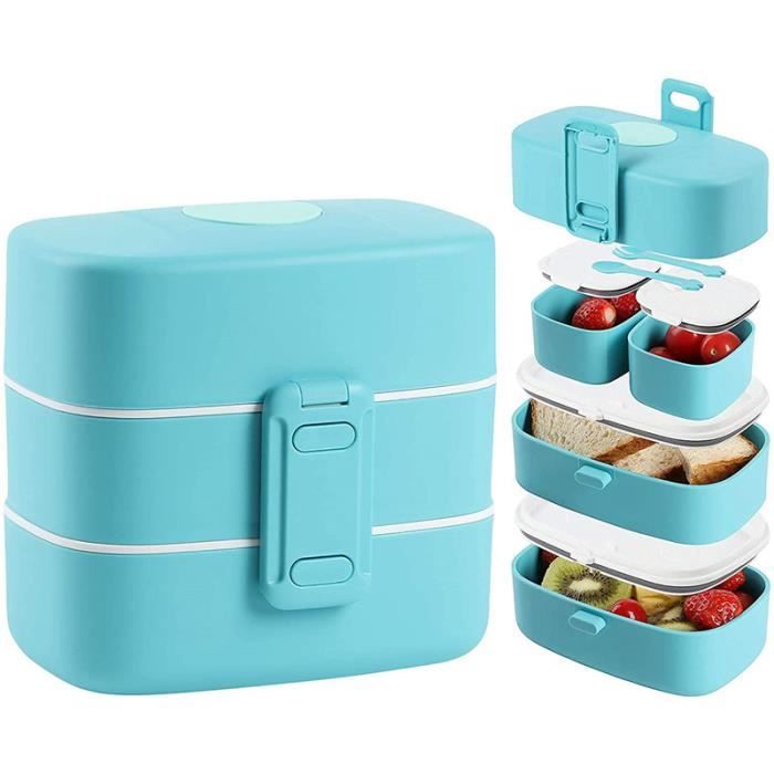 Boîte Repas Bento 2 étages - 2000ml Avec 4 Compartiments - Kit Complet Couverts, Sauce Et Sac Isotherme - Micro-ondes Et Lave-vaisselle