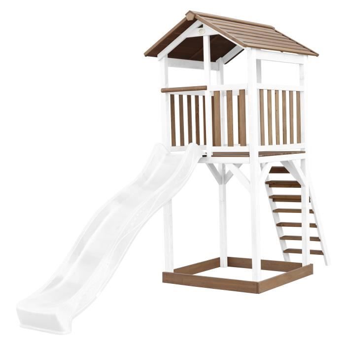 Tour de jeu AXI Beach Tower avec toboggan et bac à sable pour enfant en marron et blanc