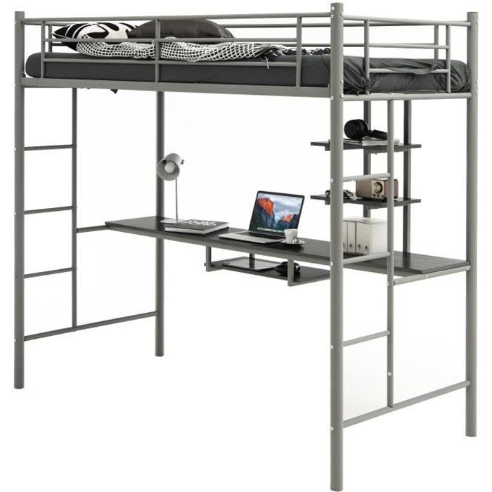 COSTWAY Lit Mezzanine en Métal avec Bureau 90 x 190 CM avec 2 Etagères 2 Échelles Garde-Corps sur Toute la Longueur Argent