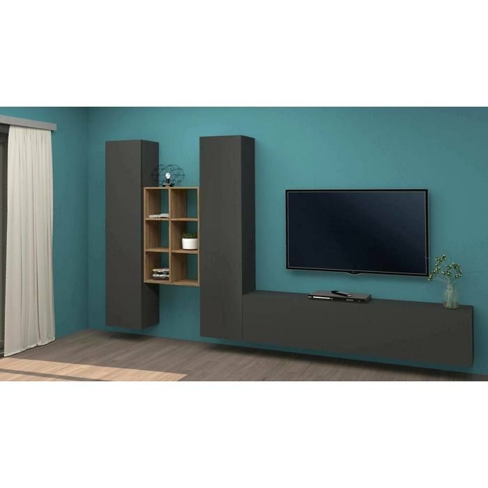 Dmora - Meuble haut Acuto 320x30xh180 cm Anthracite Érable Panneau effet bois