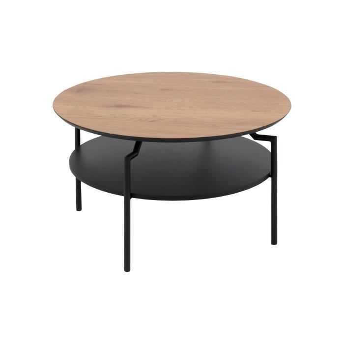 table basse marvin avec plateau au décor chêne sauvage, tablette noire et pieds noir mat.
