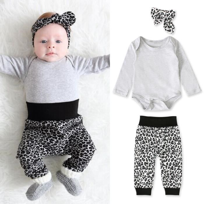 0-24 Mois Ensemble de Vêtement pour Bébé Fille : Barboteuse Body Gris  Manche Longue + Pantalon Léopard + Serre-tête Gris - Cdiscount Prêt-à-Porter