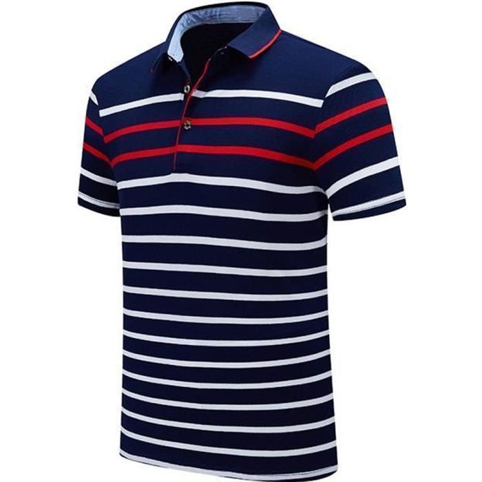 Polo Homme Manches Courtes à Rayures 100%Coton Casual Col Revers Couleur de Contraste- Bleu Rouge