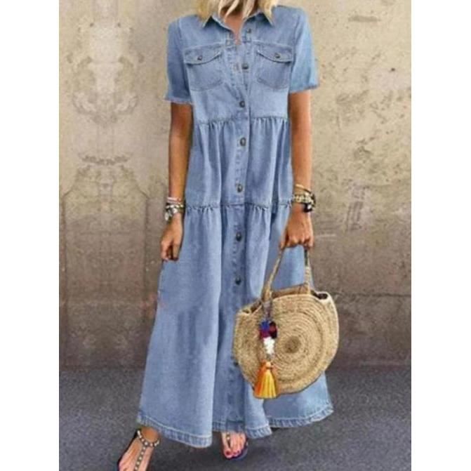 Robe Jean Femme Manches Courtes - Mi-longue, Col Revers Boutonnée, Poches, Style Décontracté Chic Pour Printemps/été