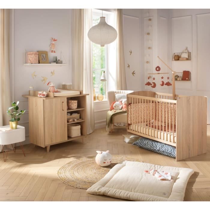Chambre duo bébé SAUTHON Sam Chêne doré Lit bébé 120 x 60 cm et commode à langer
