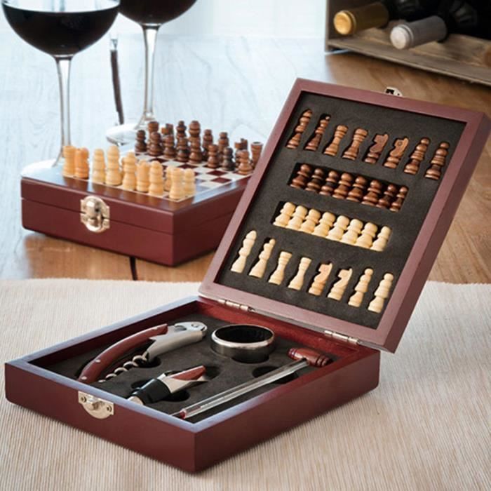 SHOP-STORY - Ensemble d’accessoires à vin et échiquier en coffret (37 pièces) Cadeau idéal pour les fans de vin et d’échecs