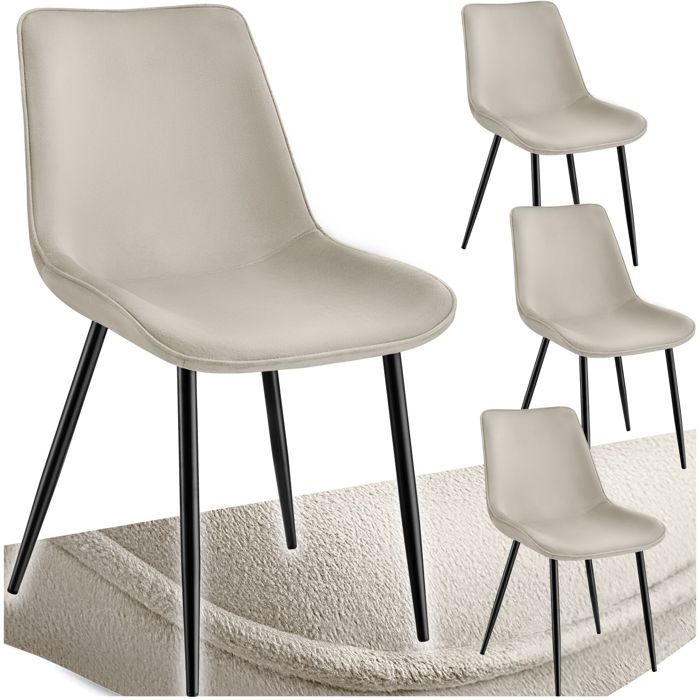 Chaise - TECTAKE - Lot de 4 fauteuils MONROE aspect velours et ergonomique pieds en acier noir 48 x 59 x 825 cm - Crème