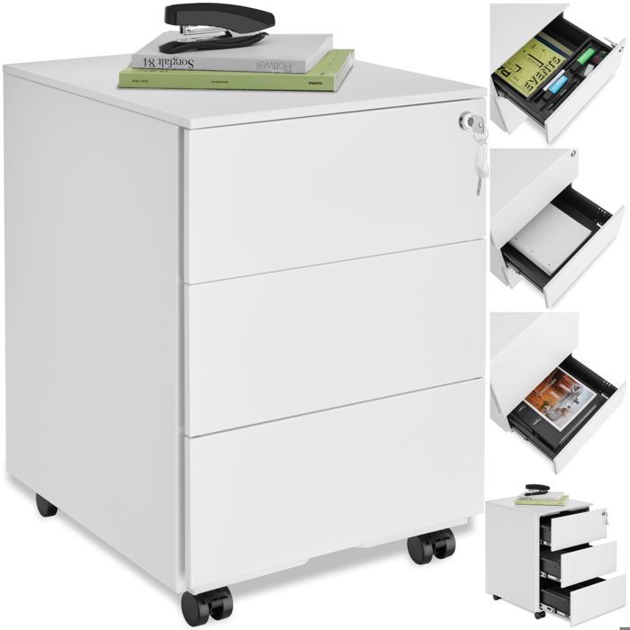 Desserte de bureau - TECTAKE - Caisson à roulettes MAGNA 3 tiroirs verrouillables en acier revêtu par poudre39 x 45 x 55 cm - Blanc