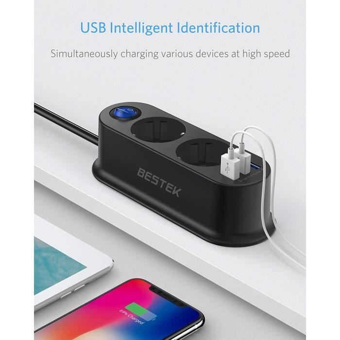 Mini Multiprise LIWI-Multiprise 2 Prises avec 3 Portes USB Mini Multiprise Électrique ...