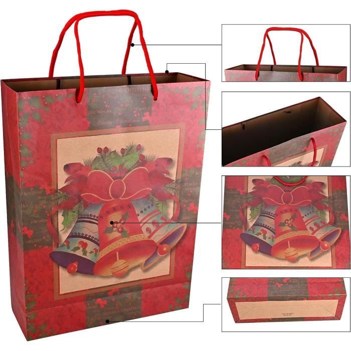 LIHAO Sacs Cadeaux de Noel 12 pcs, Sachet Papier Cadeau Noel Prochette Cadeau de Noël avec Poignée, Sac kraft pour Emballage Cadeau Noel, Bonbons, Biscuits, Chocolats, 4 Motifs