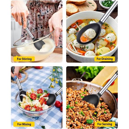 Lot De 2 Louches En Silicone Noir - Cuillère Soupe & Passoire Anti-Adhésive Résistantes à La Chaleur