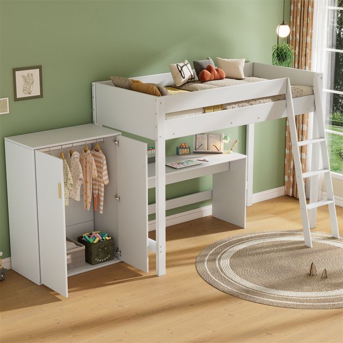 Lit Mezzanine Enfant 90x200 Avec Bureau & Rangement – Pin Blanc/Naturel, LED Intégrée | Sans Matelas | Charge 120kg