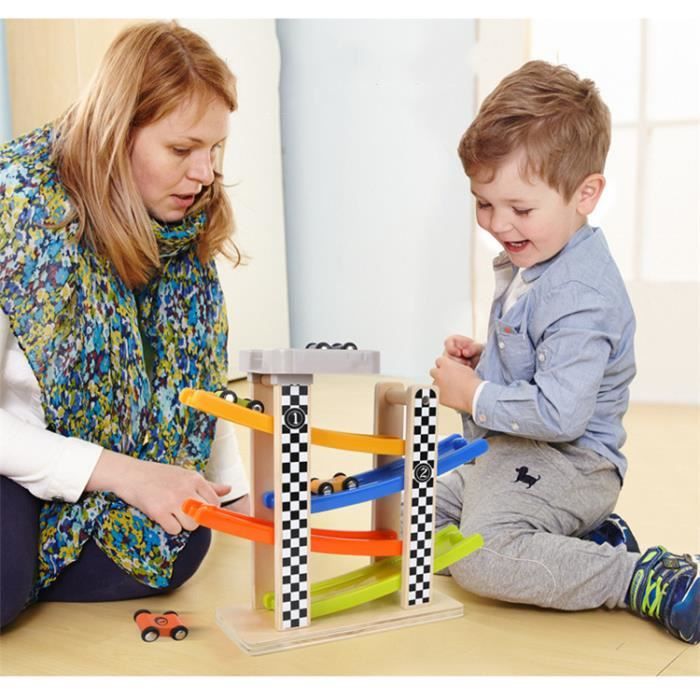 Rampe De Course Bois Avec 4 Voitures - Jouet Éducatif 18+ Mois | Apprentissage Couleurs Et Chiffres