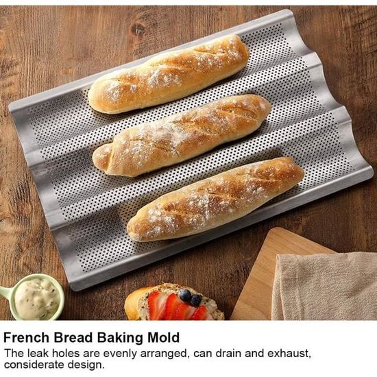 Moule à pain français, moule à baguette pour la cuisson de 38,1 x 33 cm,  antiadhésif à 4 vagues perforées pour pain, toast, pain, moule de  boulanger, moule pour boulangers professionnels et
