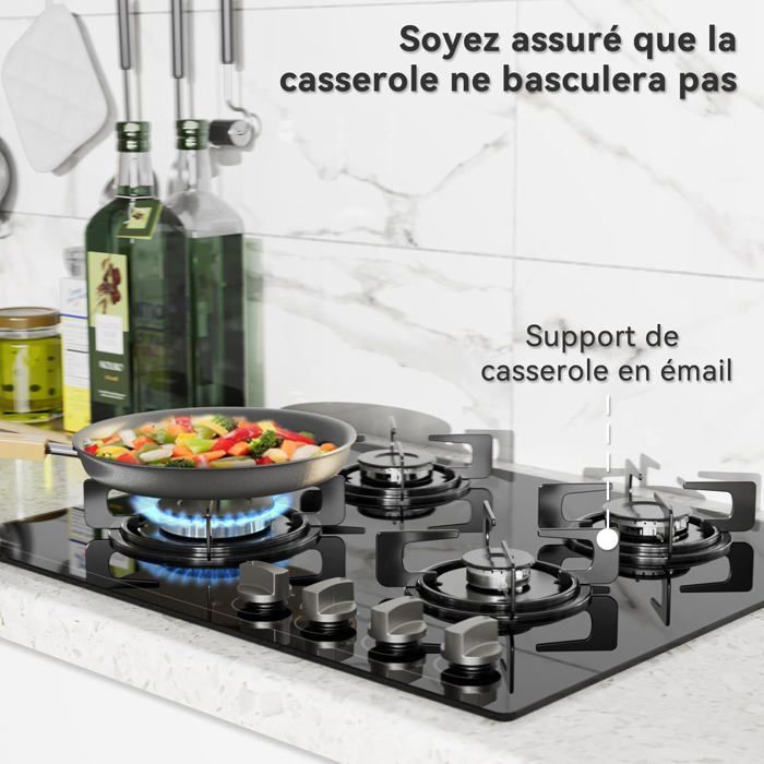 Table De Cuisson Gaz Encastrable 4 Feux - Double Couronne - Verre Noir - 7800W