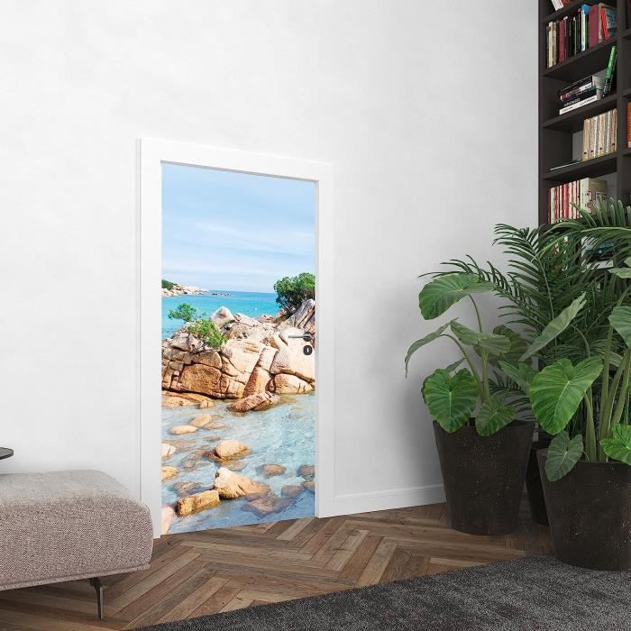 Autocollant Porte Trompe-l'Œil Paysage Montagne Océan 88x200 Cm - Vinyle Auto-Adhésif