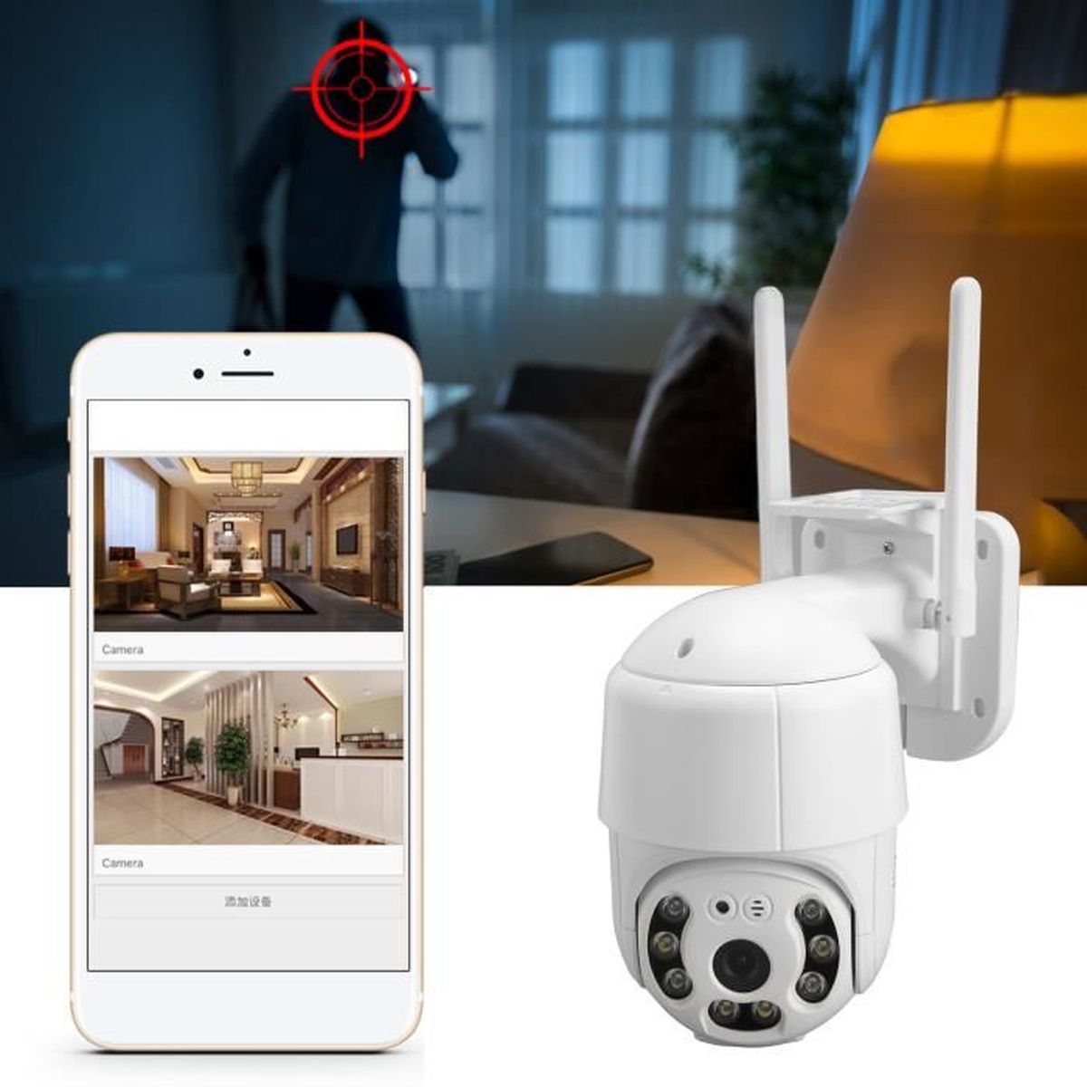 JIMCaméra de sécurité extérieure 2K PTZ 360° 2.4G WiFi filaire Caméra