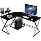 GIANTEX Bureau Informatique d'Angle en Forme L,Table d'Ordinateur avec 2 Étagères et 6 Pieds Réglables,Cadre en Métal,Noir