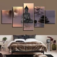 JHB-73 Toile d'art mural cadre de salon, HD photos 5 panneaux, Statue de bouddha, peinture en pierre imprimée, affic(Sans cadre)