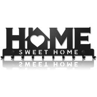 Patère,Porte-Clés Mural Accroche Clef Sweet Home Décoratif (10 Crochets),Patère en Métal pour Porte d'Entrée,Cuisine ou Garage,Noir