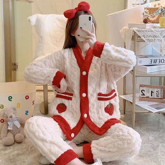 Pyjama Noël Femme Flanelle - Ensemble 2 Pièces Manches Longues - Confortable Et Doux Pour Soirées Cocooning