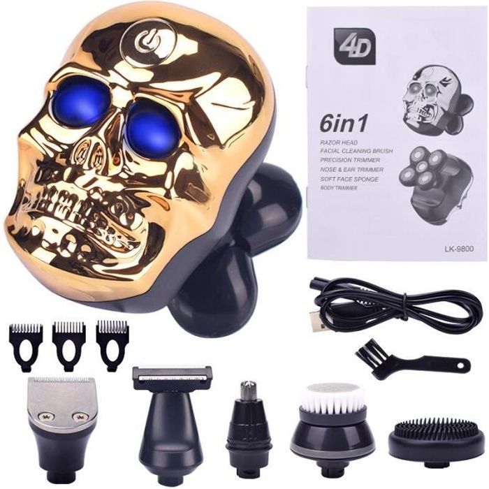 Imperméable à l'eau 6 En 1 Rasoir Crâne Rasoir Électrique Rasoir USB Rechargeable Tondeuse Pour Hommes Têtes Flotta gold -WGHY2158