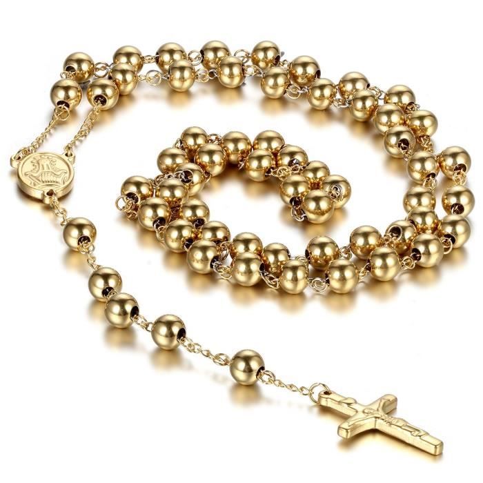 Chapelet catholique unisexe Cupimatch en acier inoxydable avec pendentif crucifix et longue chaîne de perles dorées