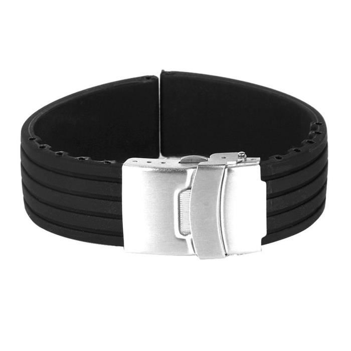 20mm Bracelet de Montre Etanche de Silicone avec boucle déployante en acier inoxydable(Noir)