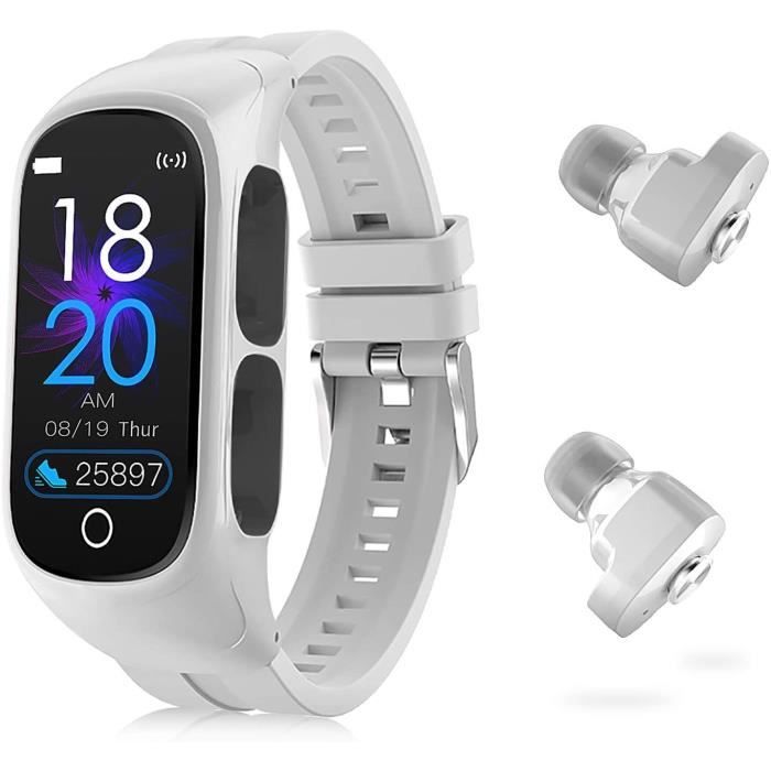 Montre Connectée Sport 2 en 1 Écouteurs sans fil Bluetooth Recevoir des appels Messages Contrôle de la musique-blanc