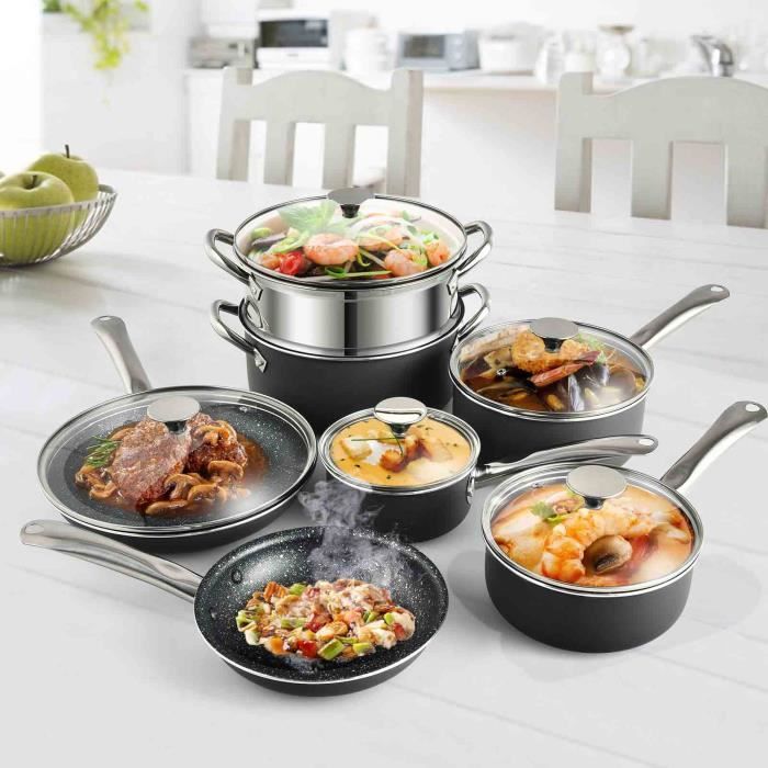 COSTWAY Batterie de Cuisine Antiadhésive 12 Pièces Tous Feux dont Induction SANS Teflon Ni PFOA avec Couvercles
