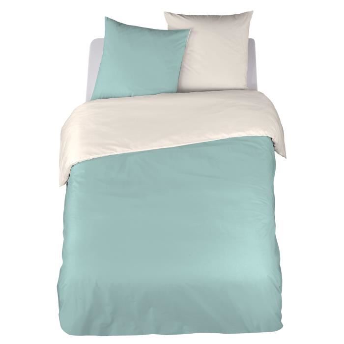 Parure de couette percale 260x240 réversible avec passe main Bleu céladon - Beige