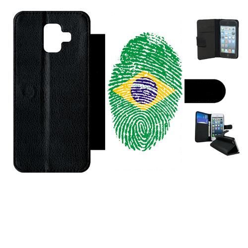 Etui a rabat - Simili-Cuir - Noir Samsung Galaxy A6 (2018) 60 EMPREINTE DIGITALE DRAPEAU BRESIL BRAZIL