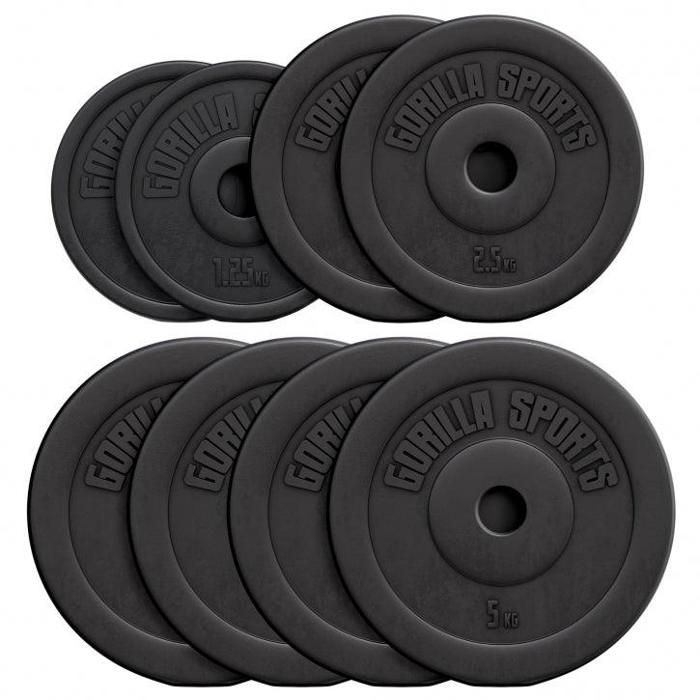 Lot de disques en plastique 27,5kg (4 x 5kg, 2 x 2,5kg et 2 x 1,25kg), diamètre d'alésage 31 mm