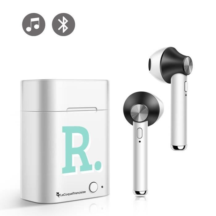 Ecouteurs Sans Fil Bluetooth Noir blanc Initiale R Ecriture Tendance et Design La Coque Francaise.