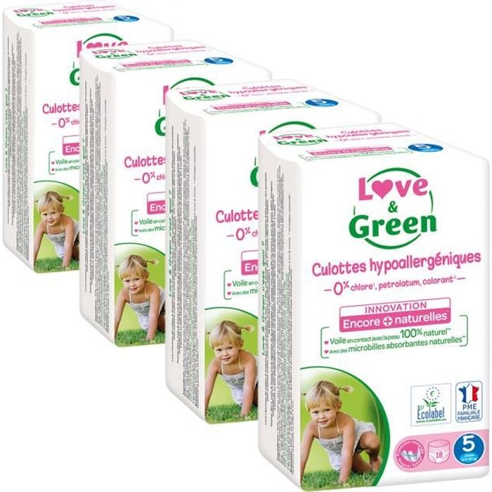 Love and Green - 72 couches culottes hypoallergéniques écologiques - Taille 5 (12 à 18 kg)