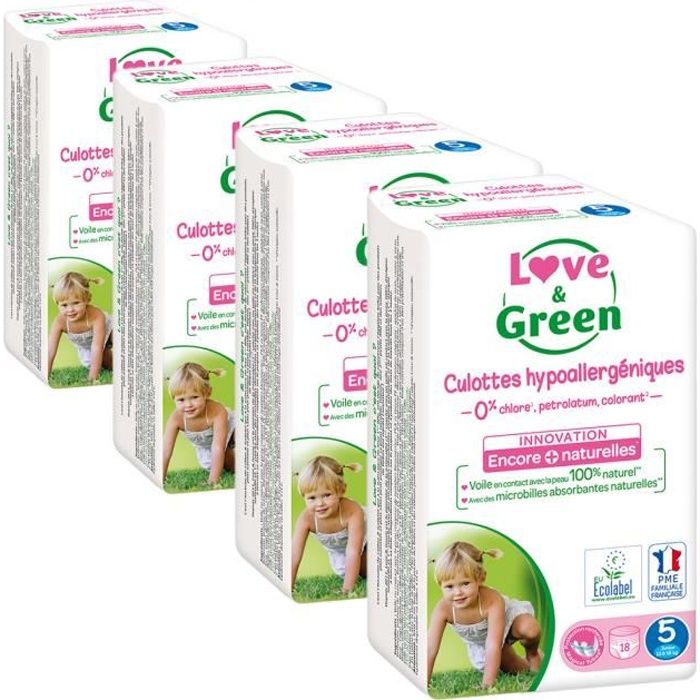 Love and Green - 72 couches culottes hypoallergéniques écologiques - Taille 5 (12 à 18 kg)