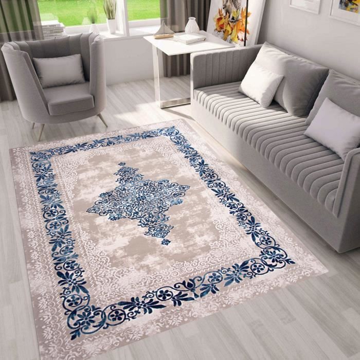 Tapis style Baroque BLEU, Antidérapant et Lavable en machine, 80x150cm