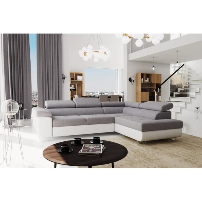 UTON - Canapé d'angle droit convertible et avec coffre de rangement gris et blanc