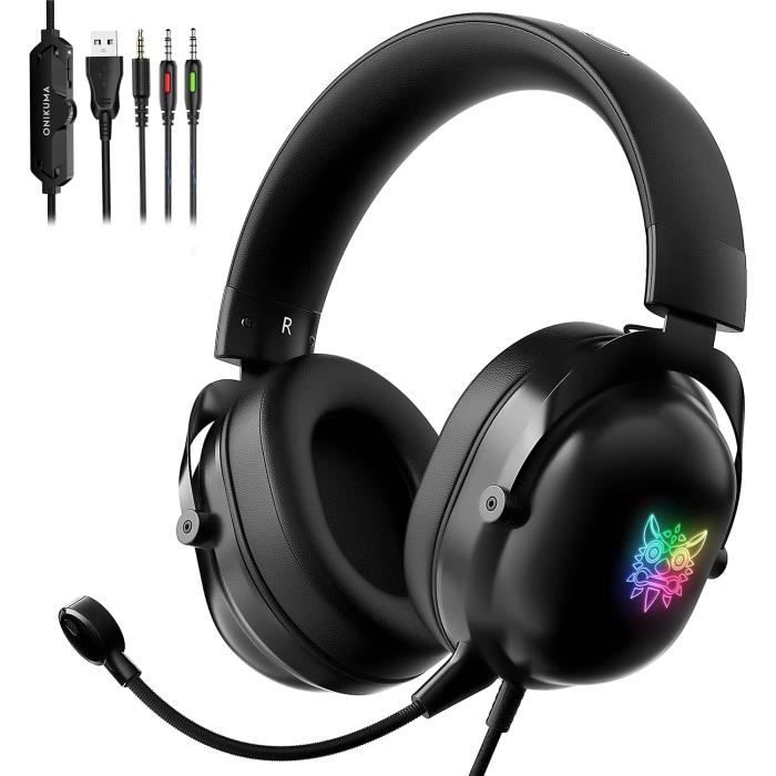 Casque Gaming pour PC PS4 PS5, Casque Gamer Pro Ultralight RVB avec Bandeau Suspendu Antibruit Flexible Microphone Coupure du Micro