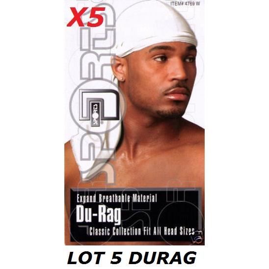 LOT 5 Bandana Foulard Préformé USA Durag - Coloris Blanc - Rap US du rag - Airsoft Paintball Hip hop Moto Biker Musculation