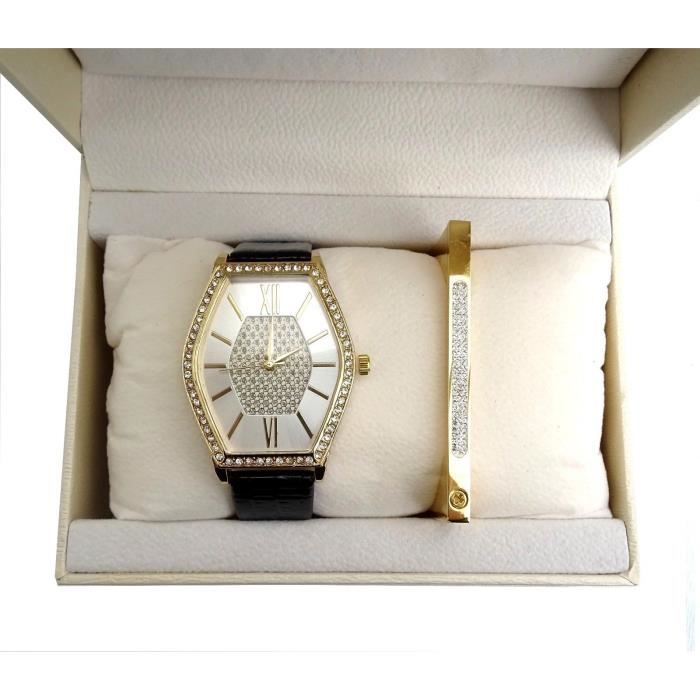 COFFRET IDÉE CADEAU FEMME MONTRE NOIR CUIR OR BRACELET BIJOUX DORE STRASS LUXE