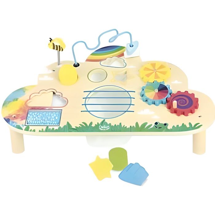 Table d'eveil en bois Multicolore 8 activites (formes, engrenages, labyrinthe...) - 42x25x14cm - Jouets Bebe - Des 18 mois