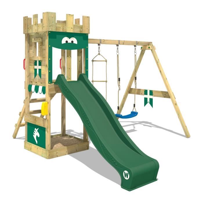 Aire de Jeux WICKEY KnightFlyer Portique en bois Tour d´escalade avec balançoire, toboggan et bac à sable