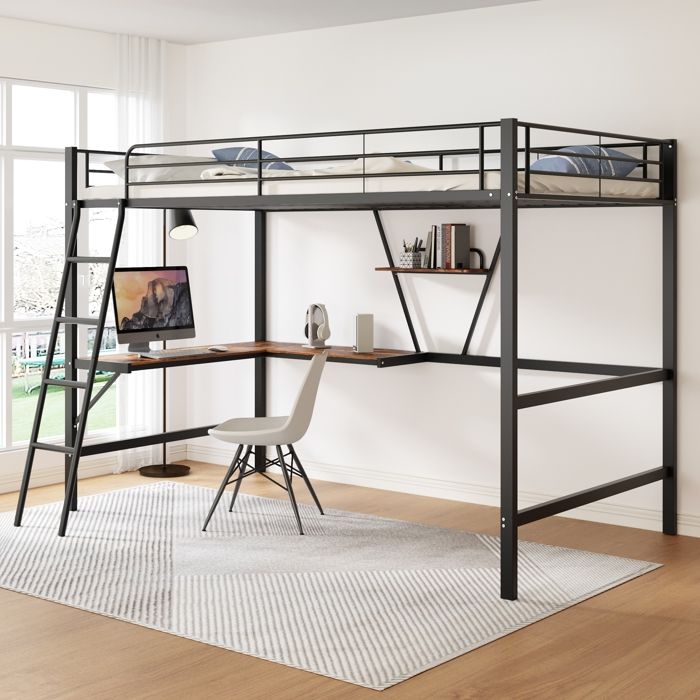 Lit mezzanine - Noir - 90x200cm - Bureau en L - Étagères de rangement - Métal Lit mezzanine - Noir - 90x200cm - Bureau en L - Étagères de rangement - Métal