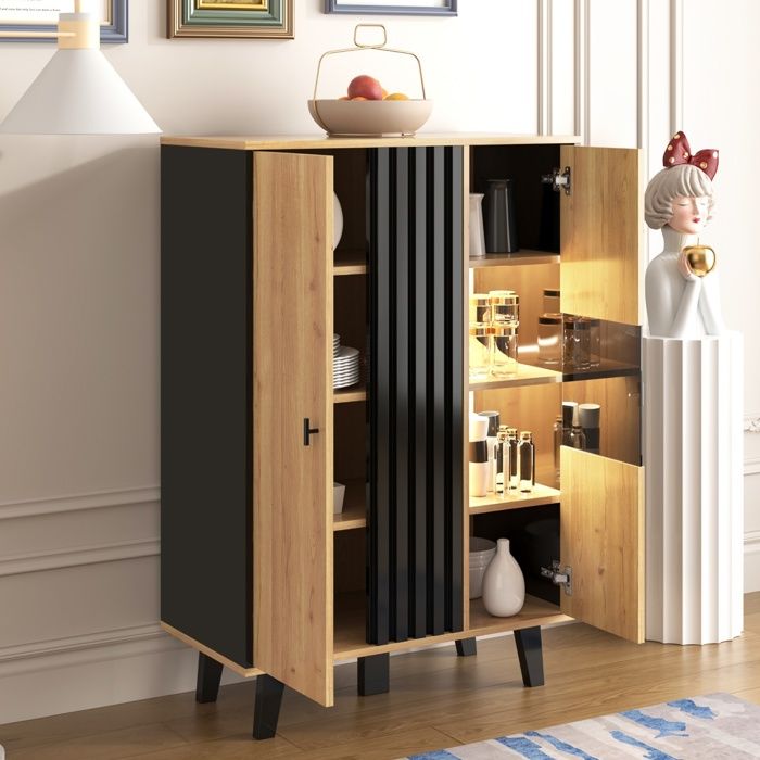 Commode LED Chambre Armoire Elégante - 2 Portes - Buffet Bas Salon -Meuble de Rangement - Design Unique - 120x80x40 cm - Noir+Bois
