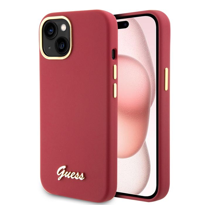 Guess Étui pour iPhone 15 6.1 magenta étui rigide Silicone Script Metal Logo & Frame Rouge - vue 4