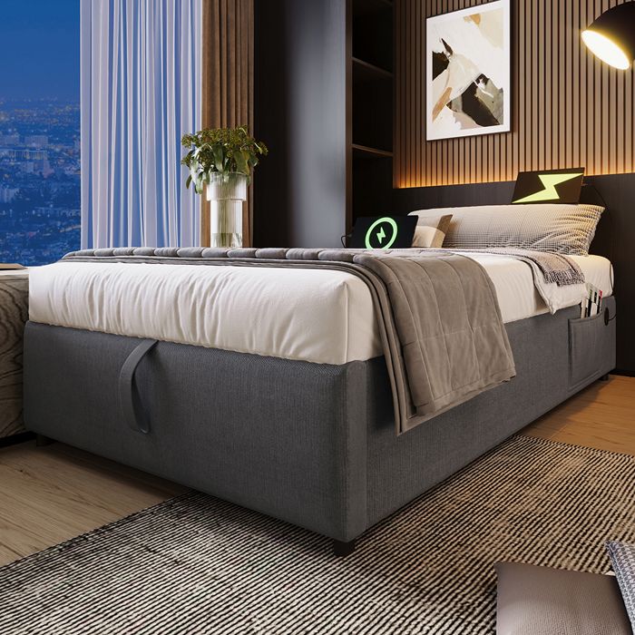 Lit 90×190 cm Lit coffre simple Cadre de lit avec USB- C sans tête de lit - SWEIKO - Coton Gris Lit 90×190 cm Lit coffre simple Cadre de lit avec USB- C sans tête de lit - SWEIKO - Coton Gris