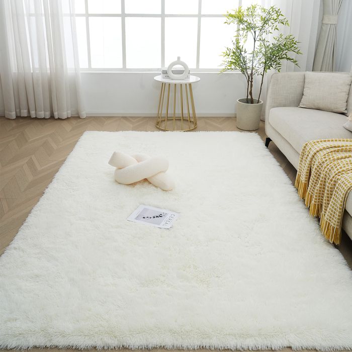 Tapis Salon Shaggy 120 x 160 cm Descente de lit Tapis Poils Longs Blanc Beige Tapis Doux pour Salon Chambre Canapé